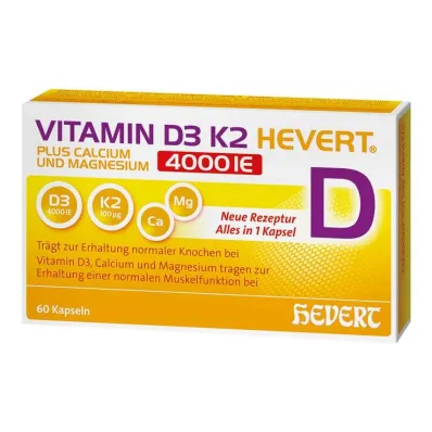 D3-vitamiini K2 Hevert + Kalsium ja Magnesium 4000 IE kapselit, 60 kpl